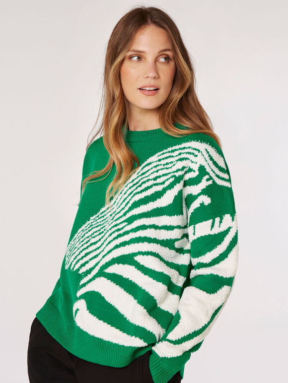 Oversized Zebra Pattern Jumper, Green, large