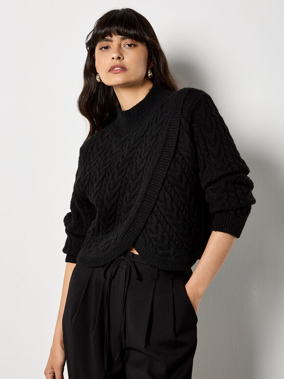 Cable Knit Wrap Jumper, Black, large