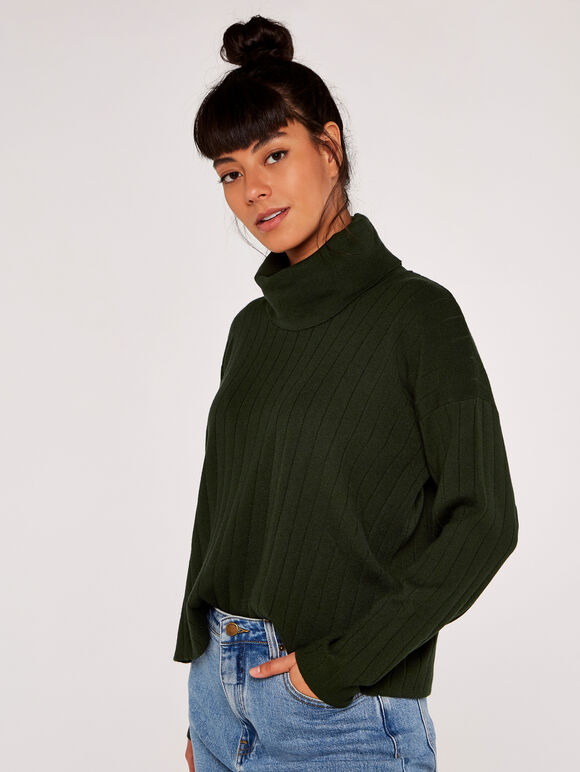 Gerippter Pullover mit Wasserfallausschnitt, Grün, Größe L