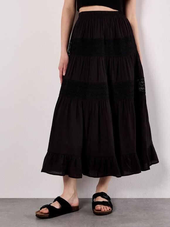 Crochet Panel Tiered Midi Skirt, Black, large