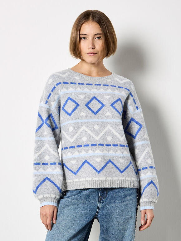 Chevron Geometric Retro Jumper, Blue, large