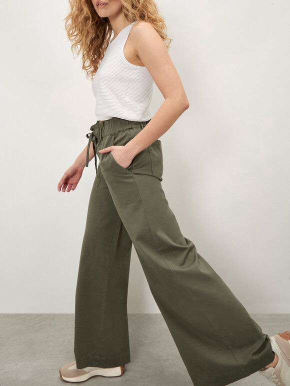 Paper Bag Waist Wide Leg Trousers, Khaki, large