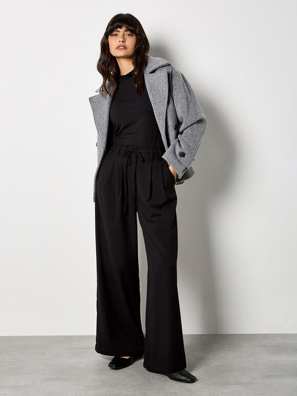Pleat Detail Wide Leg Drawstring Trousers, Black, large