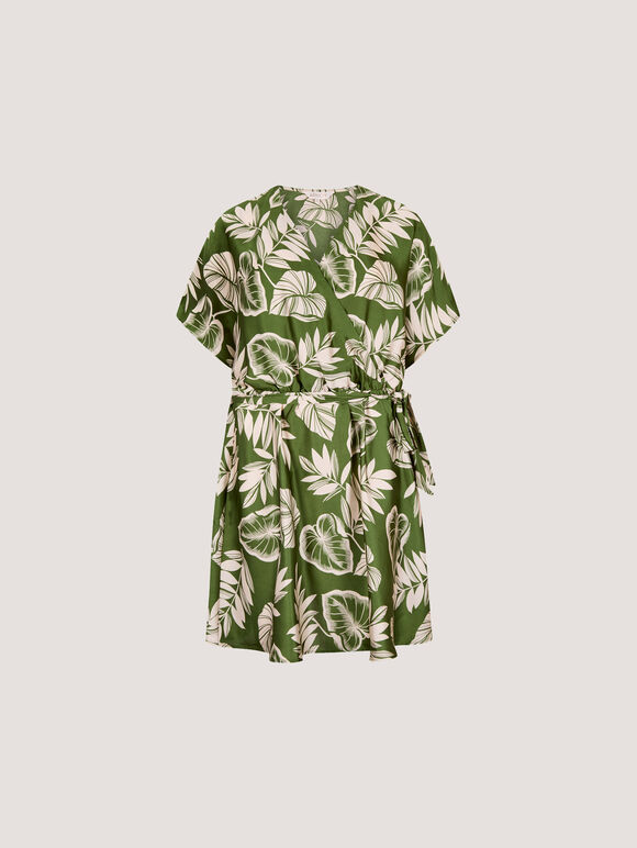 Tropical Leaf Print Satin Mini Dress, Green, large
