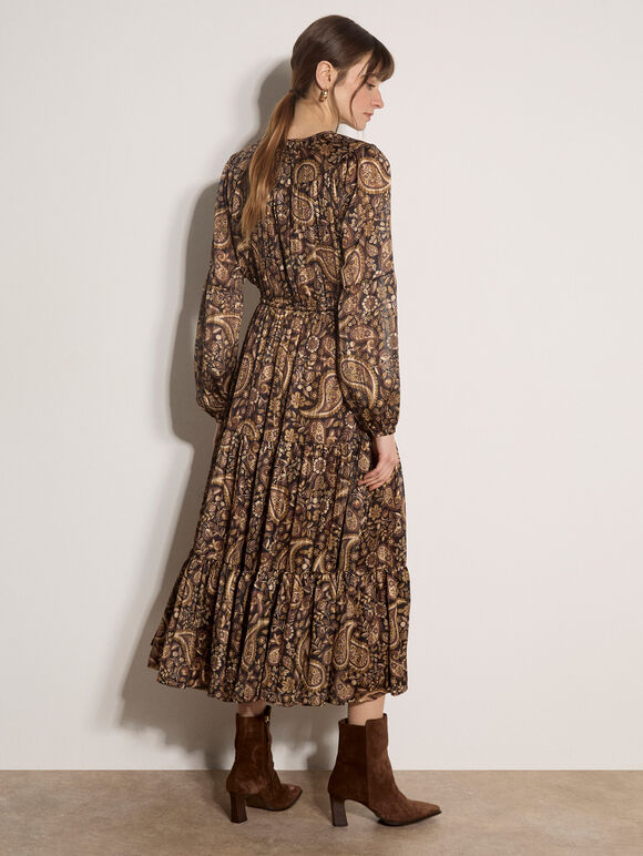 Satin Shimmer Paisley Midi Dress, Black, large