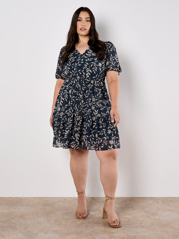 Silhouette Leaf Drawstring Mini Dress, Navy, large