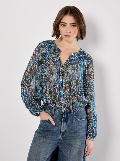 Patchwork Feather Print Chiffon Top