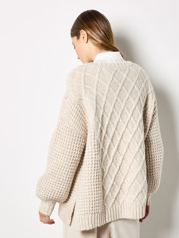 Cable Knit Oversized Chunky Jumper, Stone, large