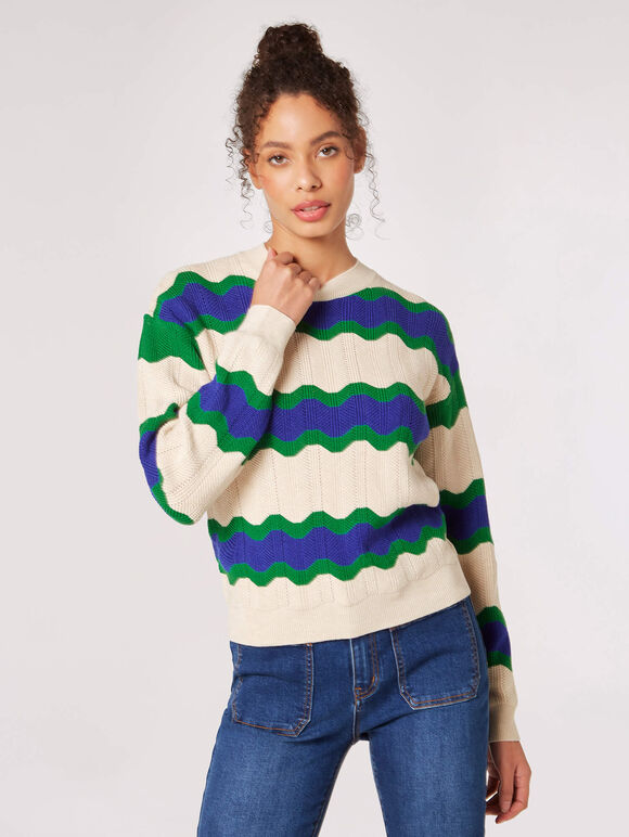 Wavy Stripe Pointelle Jumper, Stone, large