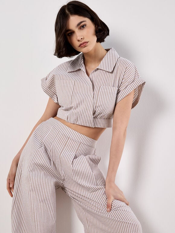 Stripe Shirt Crop Top, Stone, large