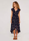 Botanical Ruffle Wrap Dress, Navy, large