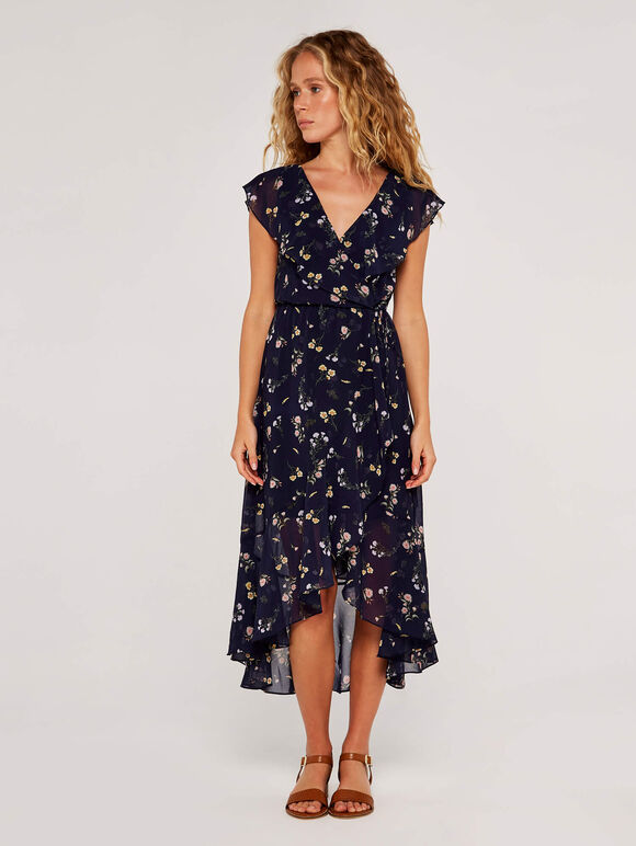Botanical Ruffle Wrap Dress, Navy, large