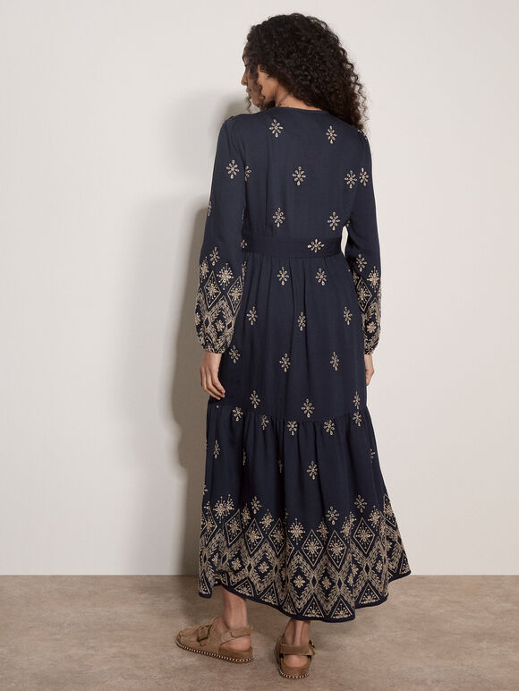 Boho Embroidered Maxi Dress, Navy, large
