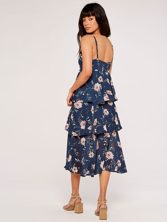 Floral Tiered Midi Dress, Navy, large