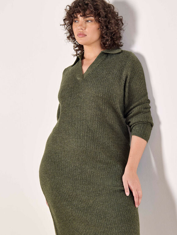 Curve Open Collar Knitted Midi Dress, Khaki, large