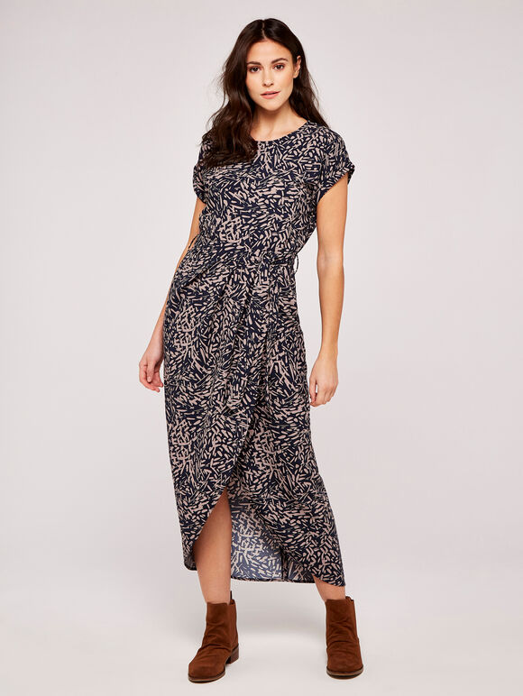 Abstract Print Crepe Wrap Dress, Navy, large