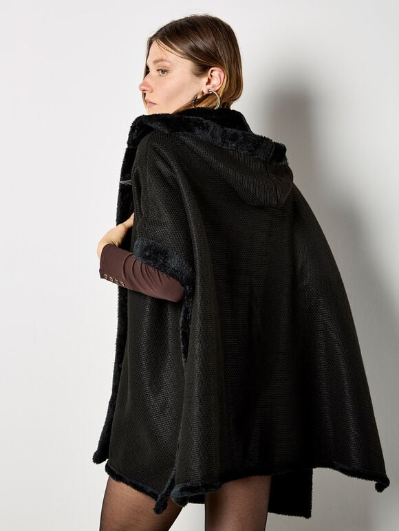 Hooded Faux Fur Cape, Black, large