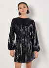 Sequin Shift Mini Dress, Black, large