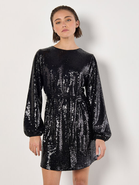 Sequin Shift Mini Dress, Black, large