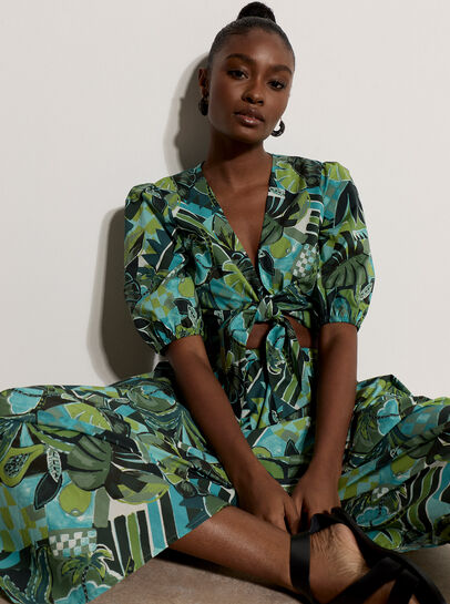 Tropical Leaf Patchwork Tie Front Top