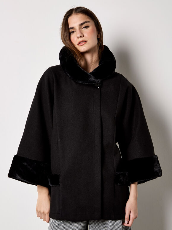 Faux Fur Trim Wrap Jacket, Black, large