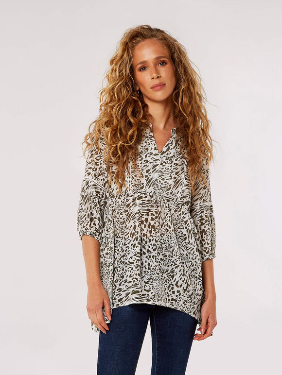 Animal Print Lace Detail Top, White, large