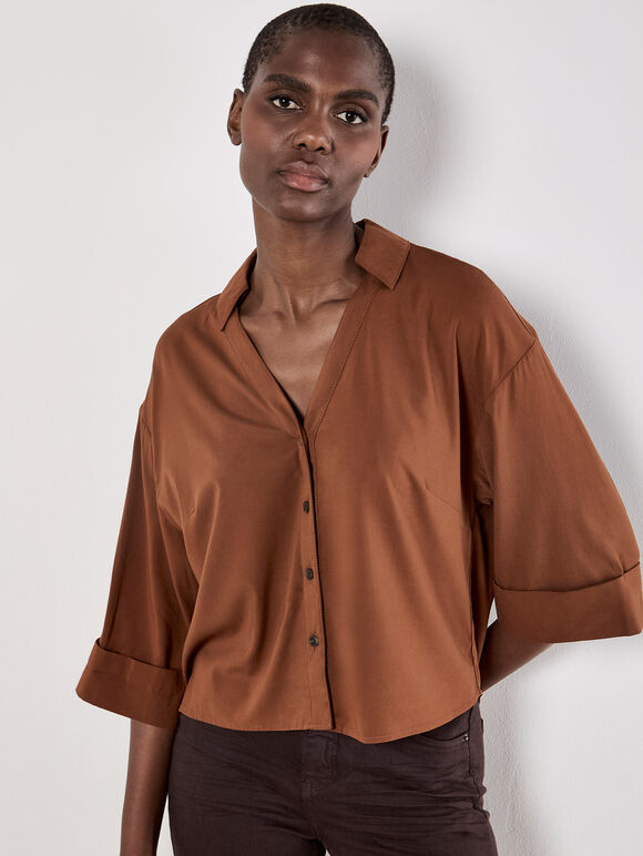 Open Collar Boxy Shirt, Rust, large