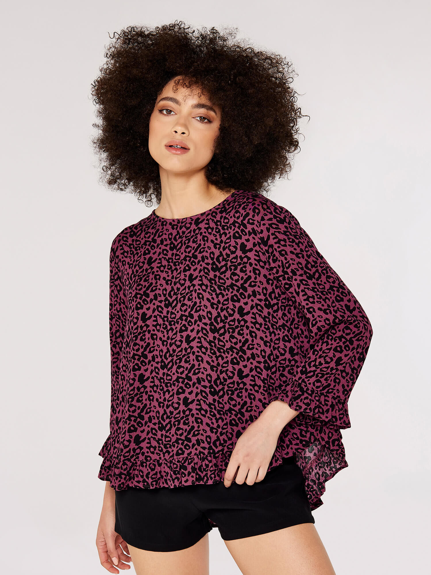 Animal Print Ruffle Top Apricot Clothing