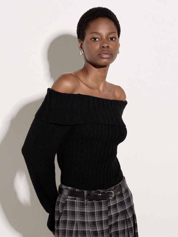 Ribbed Bardot Jumper, Black, large
