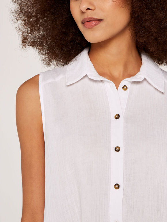 Sleeveless Swing Shirt Dress, White, large