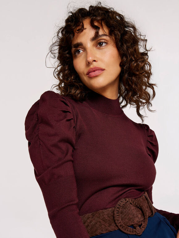 Ruched Shoulder Fitted Jumper, Burgundy, large