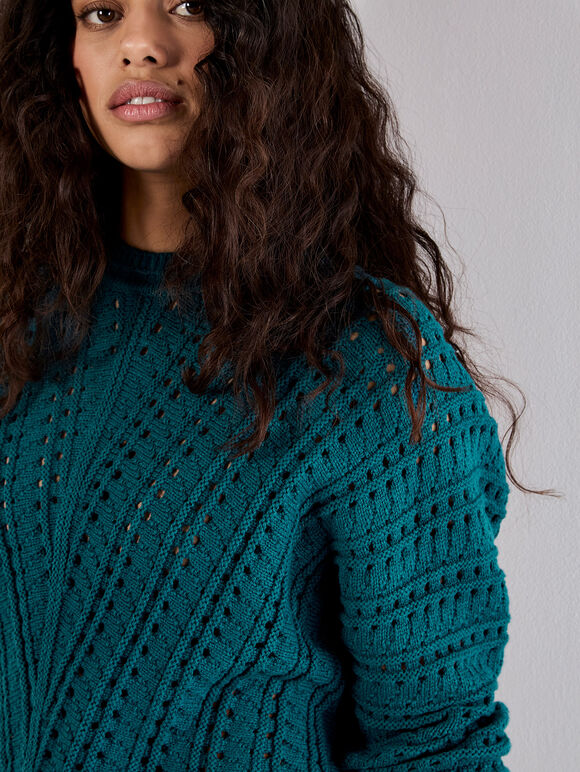 Vertical Pointelle Knit Jumper, Teal, large