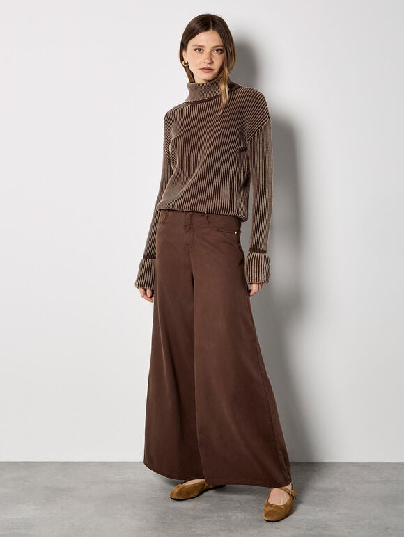 Roll Neck Ribbed Stonewashed Jumper, Brown, large
