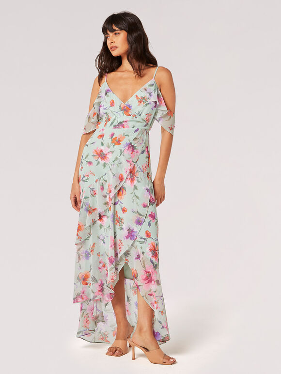 Watercolour Floral Chiffon Maxi Dress, Mint, large