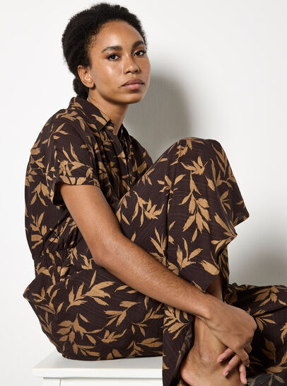 Textured Leaf Shirt Midi Dress