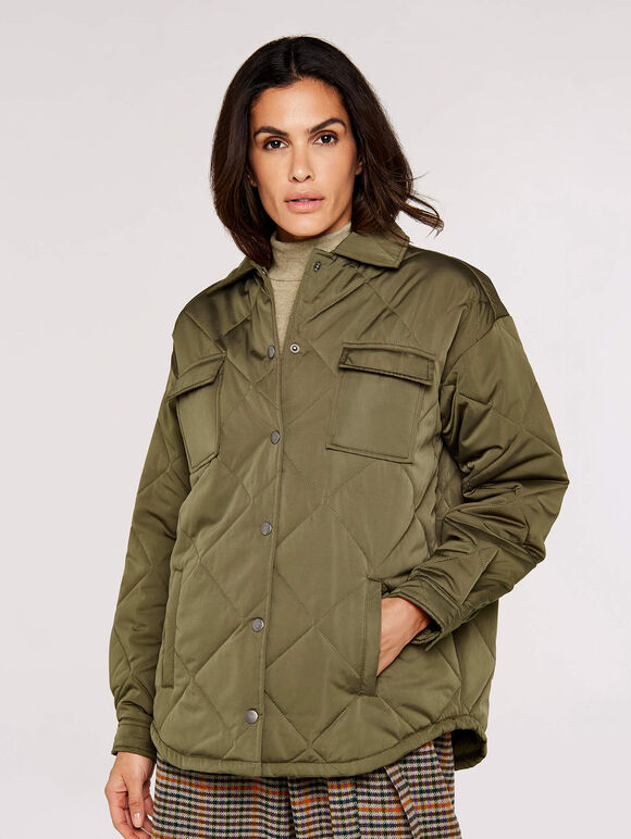 Collared Quilted Jacket, Khaki, large