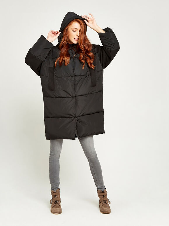 Padded Contrast Puffer Coat, Black, large