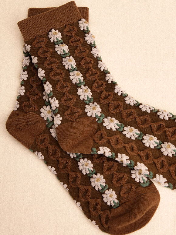 Floral Daisy Socks, Brown, large