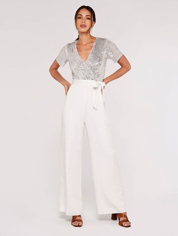 Sequinned Wrap Palazzo Jumpsuit, Light Grey / Silver, large