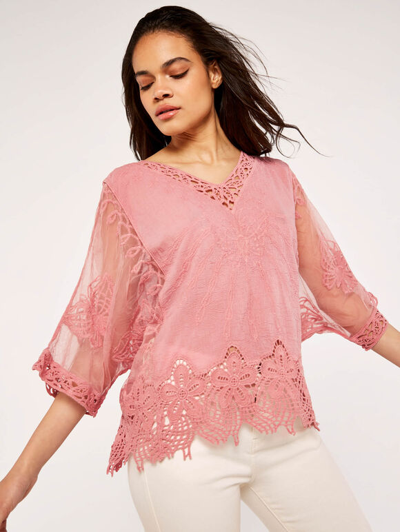 Crochet V Neck Top, Pink, large