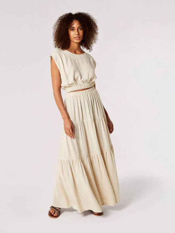 Linen Blend Tiered Maxi Skirt, Stone, large