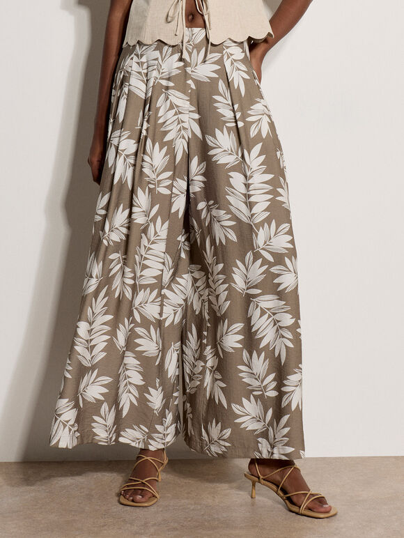 Leaf Print Pleated Culotte Trousers, Stone, large