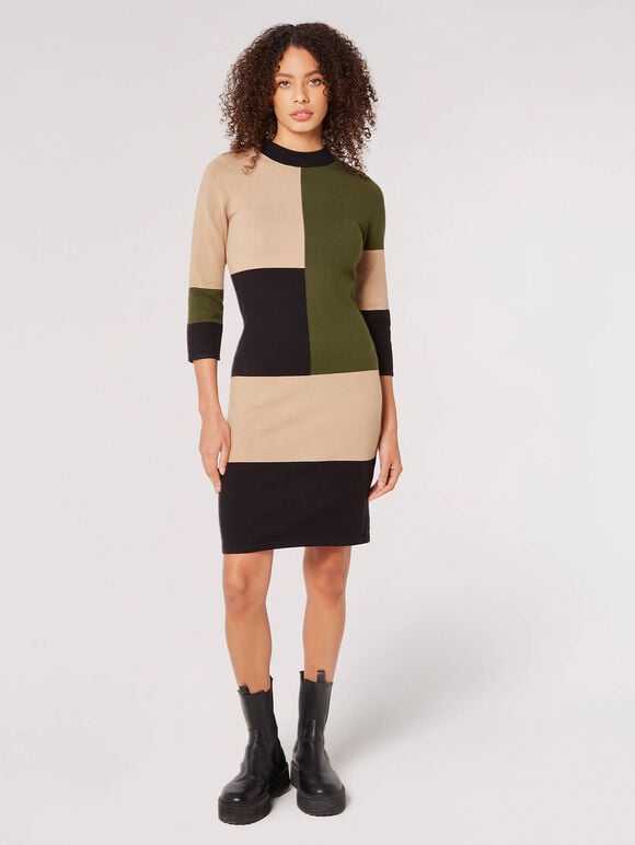 Colour Block Bodycon Mini Dress, Khaki, large