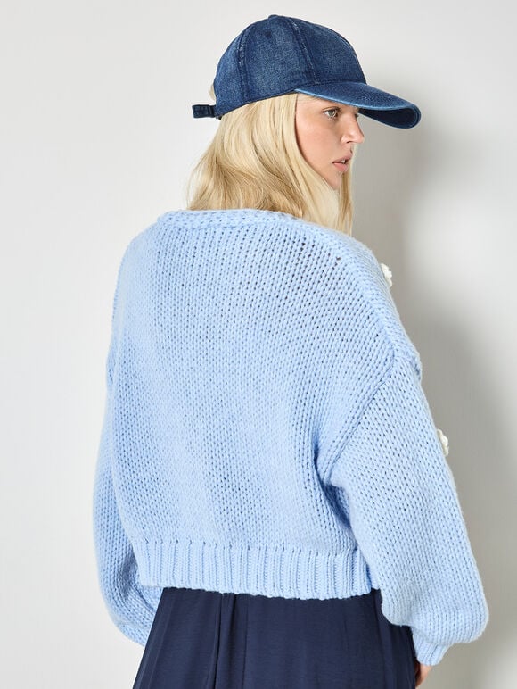Applique Daisies Chunky Knit Cardigan, Blue, large