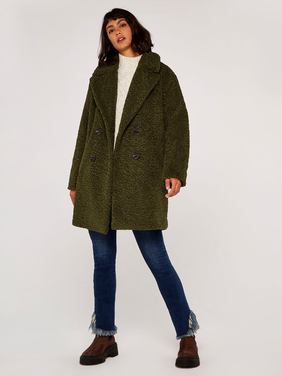 Double Breasted Borg Coat, Khaki, large