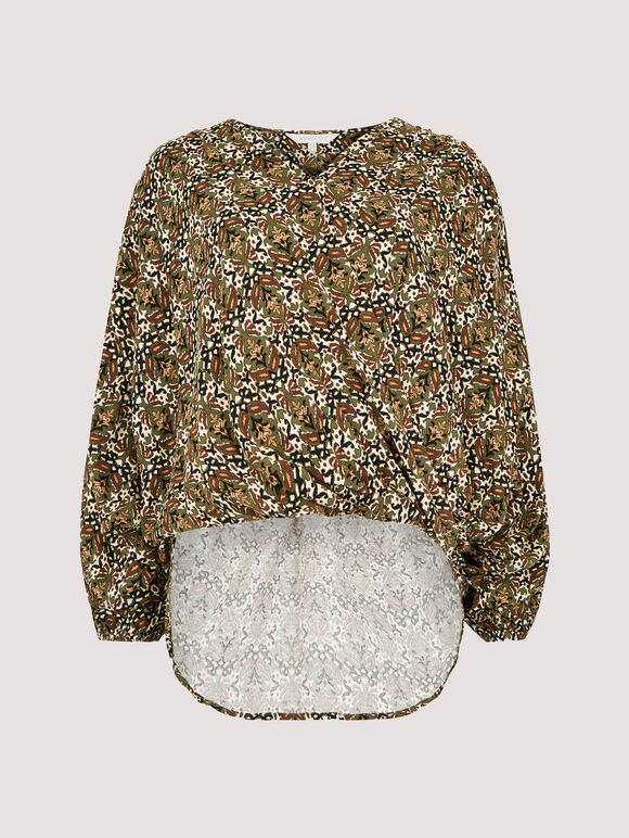 Ikat Tile Print Wrap Top, Khaki, large