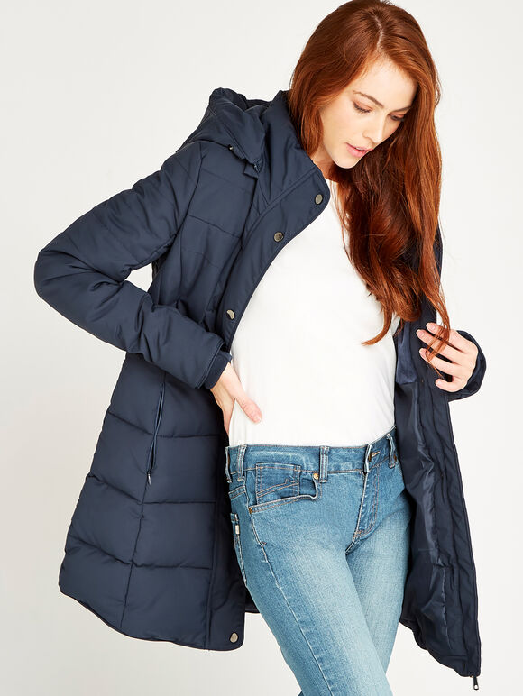 Navy Faux Fur Hood Puffer Coat, Navy, large