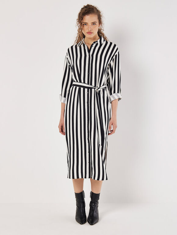 Monochrome Stripe Shirt Midi Dress, Black, large