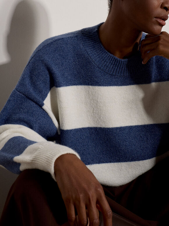 Chunky Knit Stripe Oversized Jumper, Blue, large