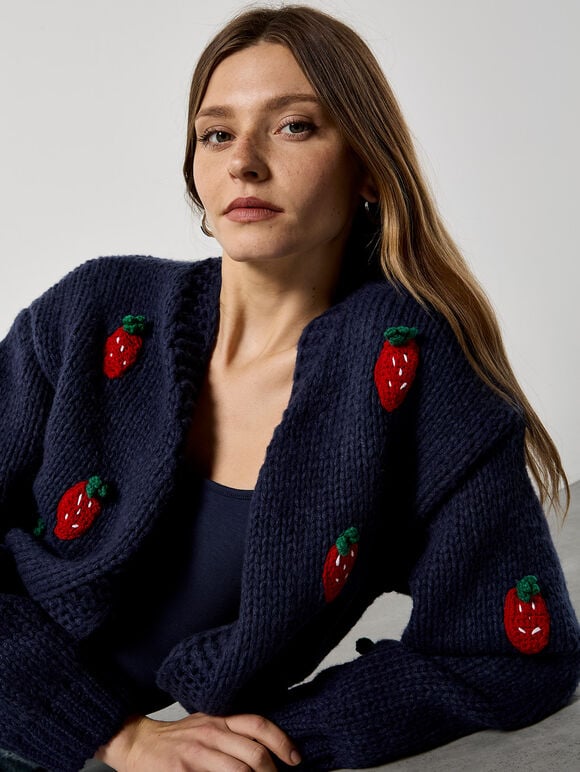 Chunky Knit Strawberry Cardigan, Navy, large